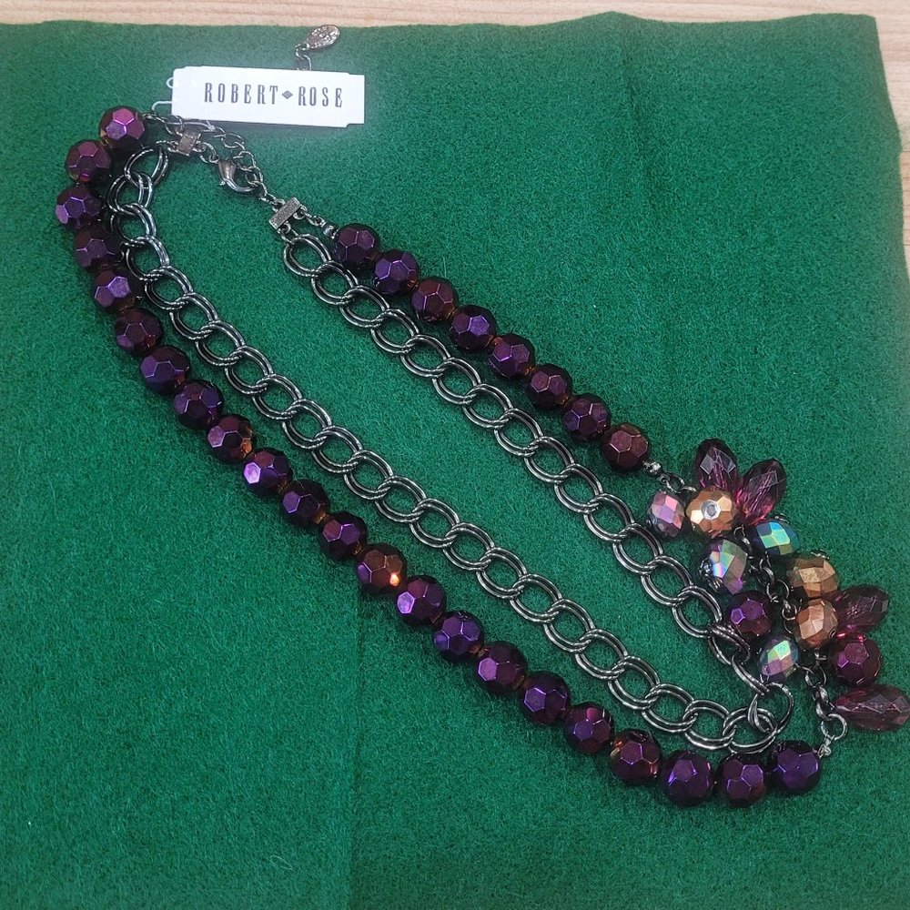 Signed Robert Rose 16" Purple Beaded Statement Necklace NWT